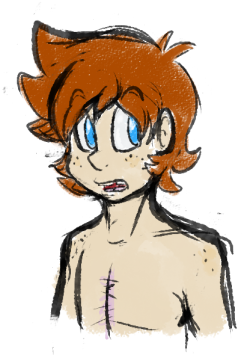ok working on PLINY THE HEDGEHOG ANDROID WIZARD i liked the way jake drew his hair so i changed it so its closer to that age range is about 10-13. probably closer to 13. missing tooth and freckles?? maybe idk i kinda like it glassy eyes w/o pupils (blue