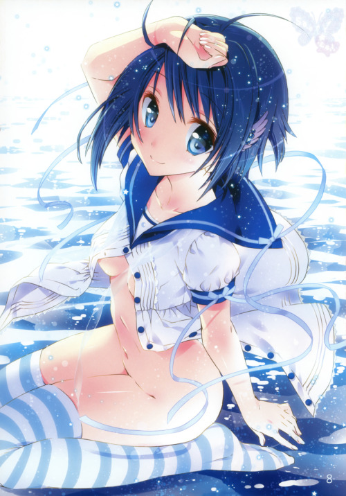 shy-azusa:  absurdres blue eyes blue hair bottomless breasts hairclip hair ornament highres kamiya maneki looking at viewer mahou shoujo madoka magica miki sayaka navel no panties open clothes open shirt school uniform serafuku short hair sitting smile