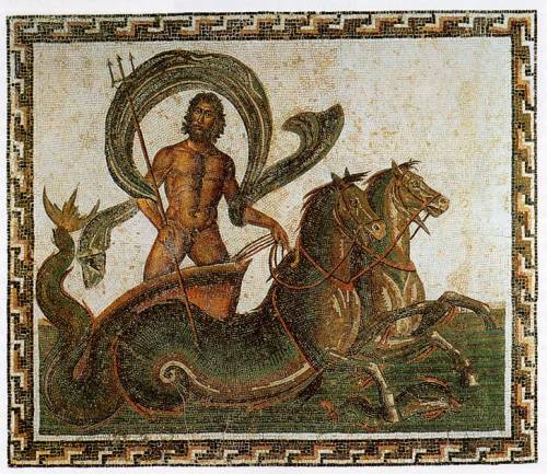 msbehavoyeur:God of the Sea Poseidon (Neptune), ~ a mosaic of the sea-god in his chariot (drawn by s