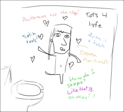 ihateskrennmz:  fiercezucchini:  For my anon who asked for Quinn’s drawing on the bathroom walls.  Satin is a nice fabric.   HA! Yes! “LOVER MANHANDS” and “HOW DO I SHARPIE?” &lt;3  &ldquo;tots 4 lyfe&quot;  I DIED.