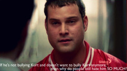 jh0n:  Did everyone forget that he threatened to KILL Kurt? As in, end his life. Karofsky is literally the shittiest human being I can think of and for some reason people are forgiving him because he apologized? Oh, okay. That makes sense. edit: Not to