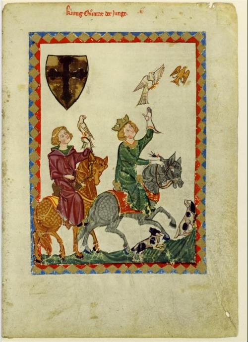 A portrait of Conradin hawking, from the Codex Manesse (Folio 7r).