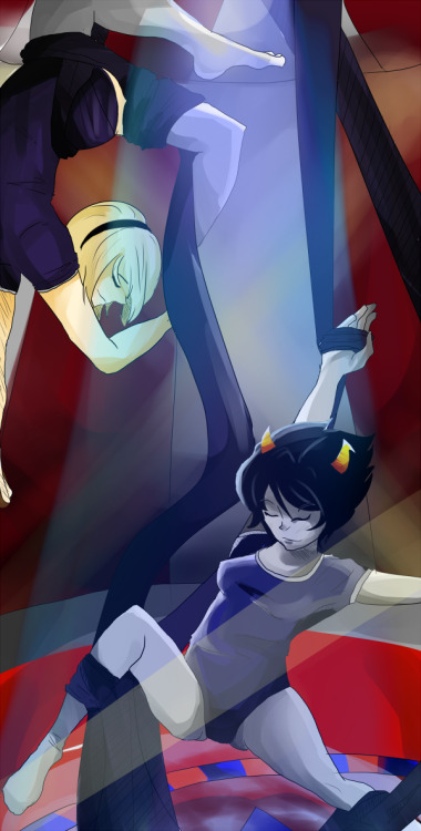 [Description: Rose and Kanaya as gymnasts in the A.U. carnival-stuck. Their eyes are closed as they 