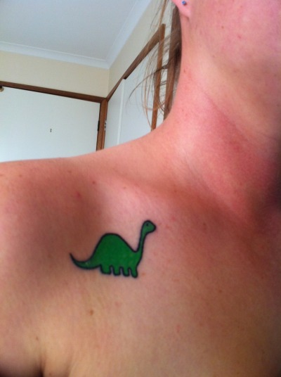 fuckyeahtattoos:
“ This is Percy, he’s a week & a half old. He needs a touch up & he’s still peeling a little bit but I love him. I took him from my icon, which is my online face.
Why a dinosaur? Coz they’re fucking awesome.
Done by Jake at OzTats...