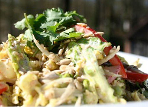 THAI COLESLAW WITH CREAMY ALMOND GINGER DRESSING
BY CHEF AHKI
Chopped Napa or Savoy Cabbage
Chopped Red Pepper and Cilantro
Chopped Green Onion
Dressing: Almond Butter, Agave, Lemon Juice, Crushed Red Pepper, Ginger, Salt and Tamari (H2O or coconut...