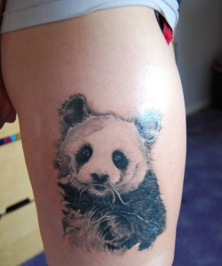 fuckyeahtattoos:  This is my most recent tattoo of a Giant Panda on my thigh. My favourite animals are pandas, and I think they’re the most beautiful animals ever. I got this as they mean so much to me, and they represent strength and solitude to me.