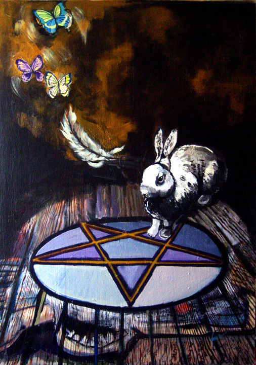 Incantation, Incantation Wooden Floor Rabbit Sublimation, 2010 (122cm x 61cm, acrylic on wood)
In most cultural beliefs the butterfly is a symbol of transformation, usually in the context of a soul or spirit. Feathers also translate across cultural...