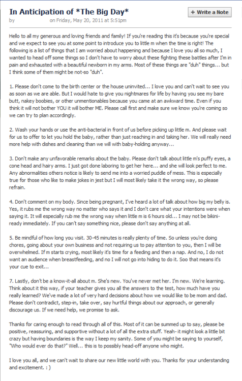 :: Click to enlarge ::
*The Big Day*
While I appreciate this mom-to-be’s honesty, nervousness and general feelings of vulnerability as her due date approaches, I would like nothing more than to repeatedly dunk her in a giant vat of hand sanitizer...