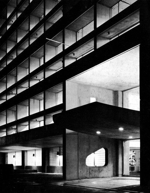 fuckyeahbrutalism: Dentsu Building, Osaka, Japan (Kenzo Tange, 1957-60)