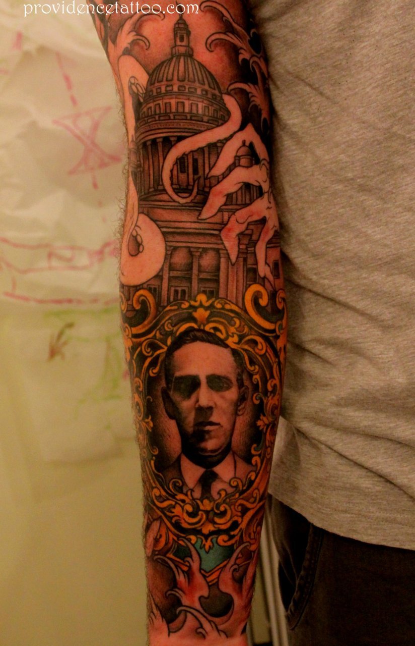 HP Lovecraft sleeve in progress by Dennis M Del Prete @ Providence Tattoo, Providence, RI