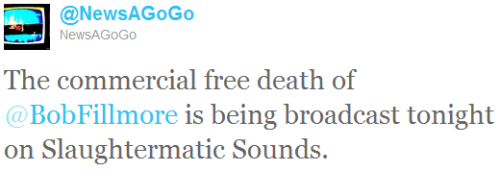 newsagogos:[ID: a tweet by NewsAGoGo @NewsAGoGo that reads, “the commercial free death of @BobFilmor