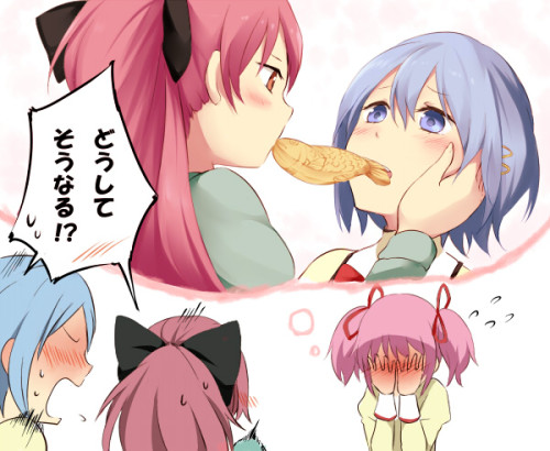uinyan:  3girls blue eyes blue hair blush covering face eating embarrassed food hairclip hair orname
