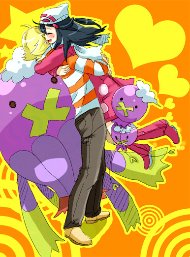 fuckyeahrivals:  [Image description: Jun joyfully lifting and hugging Hikari amongst a orange back ground with yellow circles, hearts, and stars. There are Drifloons and a Drifblim floating near.] by Y霧 