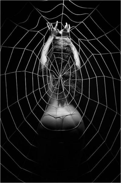 is she caught in the web or is she the one who has spun the elaborate web?