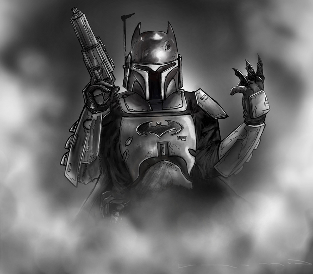 Batman and Boba Fett as one makes for one high tech bounty hunter. Plinio Pinto created this amazing Star Wars / Batman mash up for Draw2d2.
Related Rampage: Davy Vader
Bobatman by Plinio Pinto (Blog) (Facebook) (Twitter)
Via: draw2d2