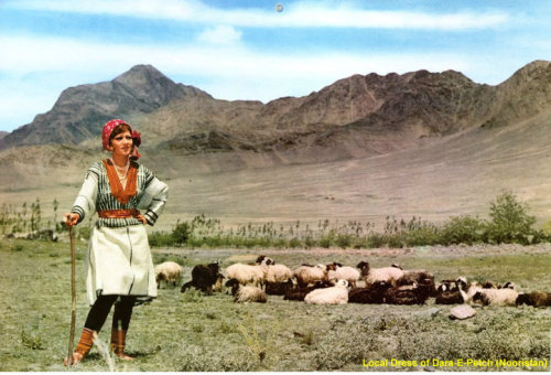 This is an image from a 1973 Ariana Afghan Airlines calendar: “Local dress of Dara-E-Petch (Noorista