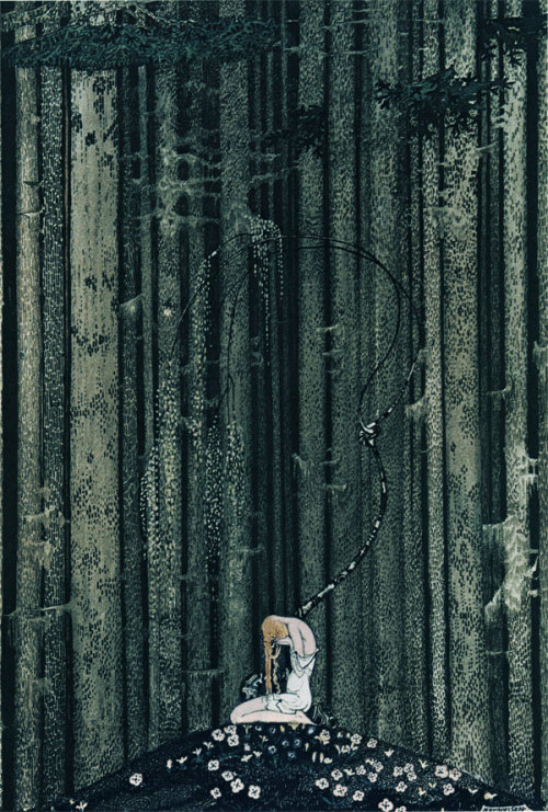 bansheechild:  At Rest in the Dark Wood Kay Nielsen Illustration from East of the Sun West of the Moon “She came to rest at a green place in the dark woods”  My sanctuary, where I understand myself