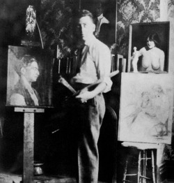 chagalov:  Man Ray, Self-Portrait in his room-studio, Brooklyn, ca 1910 [the portrait on the easel is one of Sam Ray, his brother and on the wall an early portrait by Man Ray of a fellow student (1909) - see here…] from: Billy Klüver, Julie Martin,