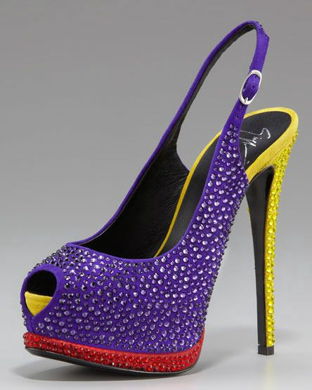 glam-ohh-rous:Giuseppe Zanotti Crystallized Colorblock Platform Slingbacks, $1495 via Neiman Marcus.