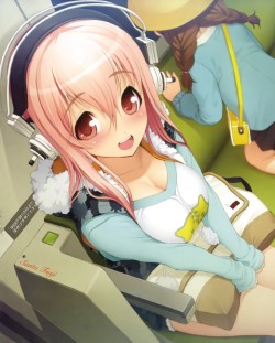 pachi0084:  absurdres breasts breast squeeze cleavage coat god (sumaga) hat headphones highres kindergarten large breasts long hair nitroplus open mouth pink eyes pink hair raglan sleeves school hat smile soniko sumaga super soniko tsuji santa