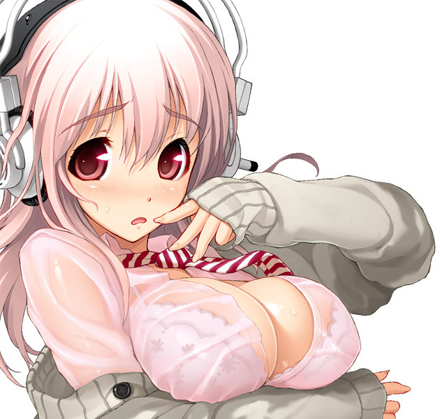 pachi0084:  blush bra headphones lingerie long hair necktie nitroplus pink hair see-through