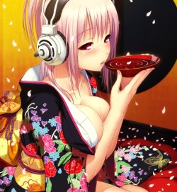 Pachi0084:  Blush Breasts Cleavage Floral Print Headphones Japanese Clothes Kimono