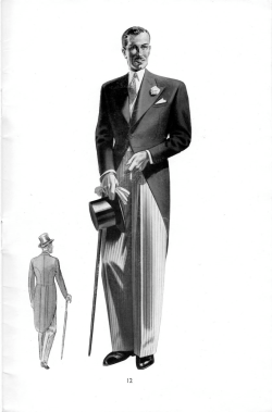 madaboutstyle:  Morning dress is formal day-time wear.It consists of a morning coat (as shown in the picture), trousers (never black, usually “cashmere striped”), a waistcoat (US: vest) &amp; a silk top hat. 