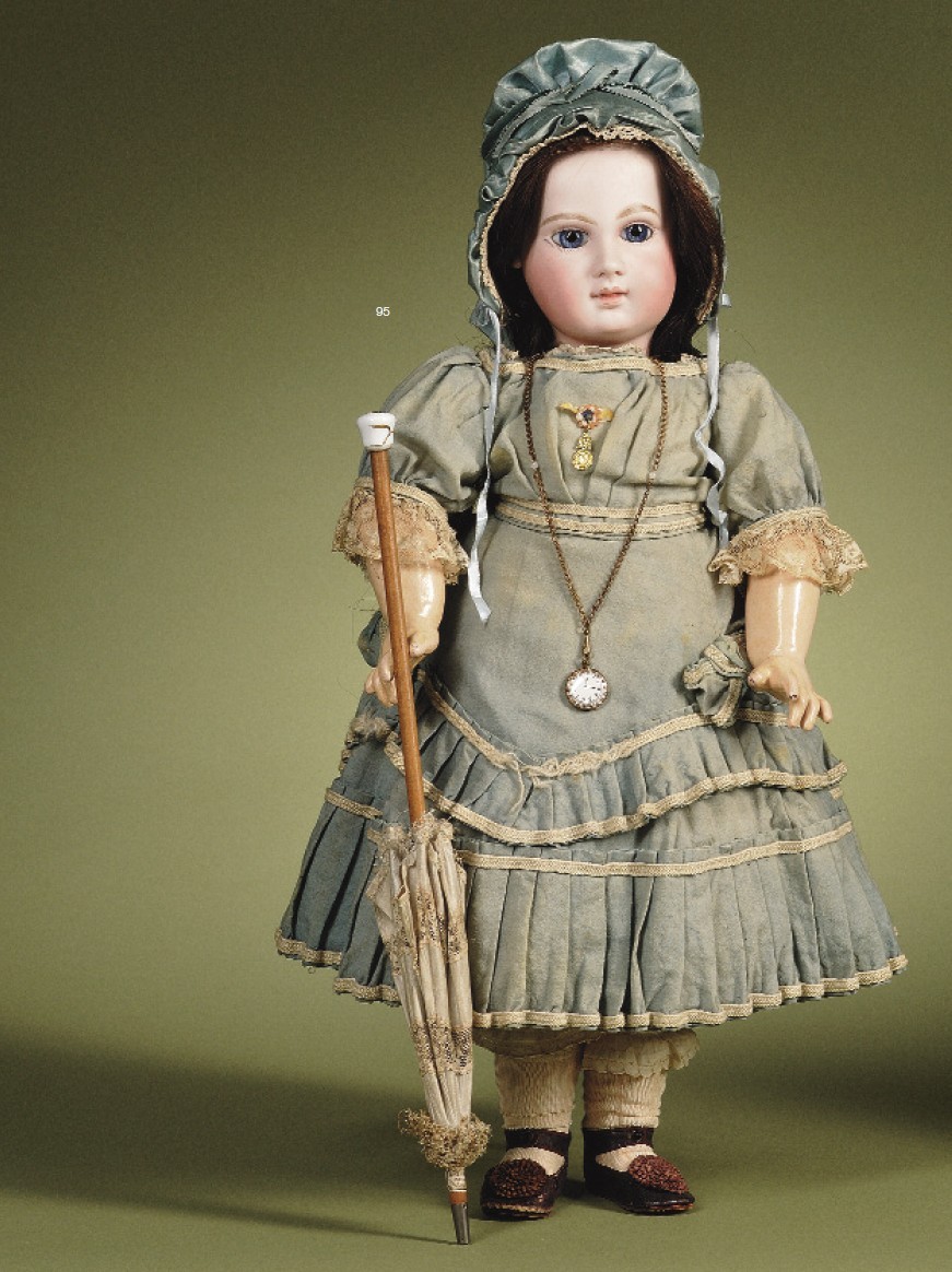 carolathhabsburg:Super cute bisque doll from  france with silk gown , mini parasol,