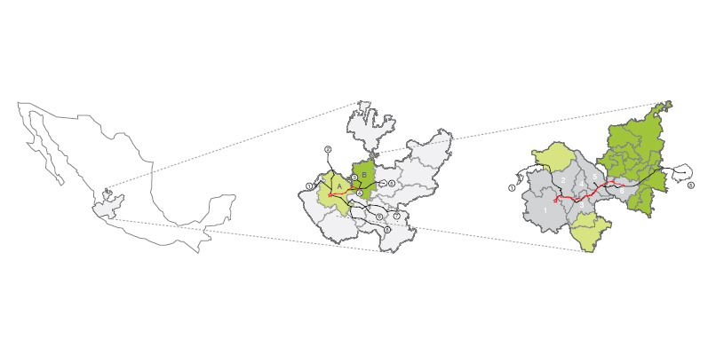 Regional maps for the Ruta del Peregrino (2008-2010) in Mexico by Dellekamp and Periférica.