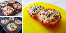 crissfit:   OMG Making these!  Baked Parmesan Tomatoes TIP: I used a cupcake tin to hold the tomatoes together while baking! Ingredients 4 tomatoes, halved horizontally &frac14; cup Parmesan cheese 1 teaspoon chopped fresh oregano 1 teaspoon garlic powder