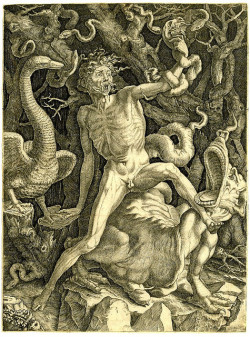 vaxhuvuden:  A flayed personification of Fury who rides a monster holding a skull aloft in his left hand above which is a serpent. Engraving made by the Italian print artist Jacopo Caraglio, probably between 1520 to 1539. 