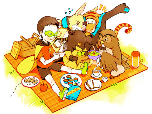 aivii:Damian Robin, having a leisurely picnic lunch with Waynnie the Broohce, Owlfred, Red Robbit, a