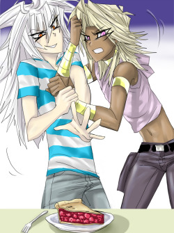 petradragoon:  Pic for a friend ^_^ She requested Marik and Bakura fighting over THE LAST SLICE OF PIE. *cue dramatic music* 