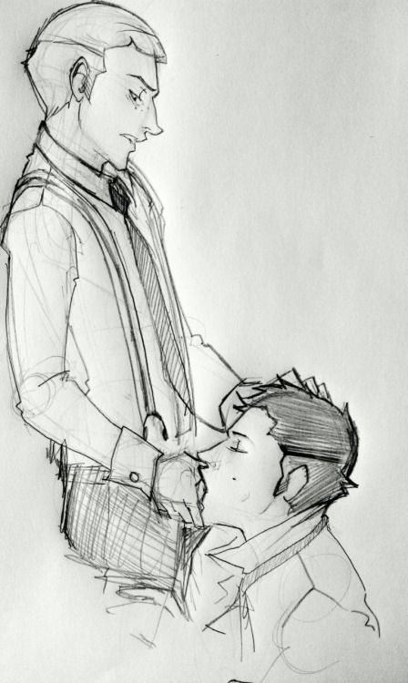 quick, anatomically-horrifying sketch of Dean Smith/Castiel for this:   radiojamming asked: 2011-06-10 23:45 something with dicks and suits or uniforms or something. B) 