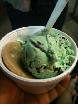 Diddy Riese! mint chocolate chip with just one white chocolate chip cookie! &lt;3