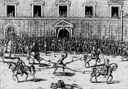 americanpsyko:  Quartering. A particularly barbaric method of execution that is not as easily accomplished as many might think.  The idea was to tie each limb of the victim to a horse, ox, or other strong animal and then drive the animals away in differen