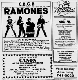 thestrutny:  Talking Heads opening for The Ramones at CBGB?  Just another weekend in NY as shown by these 1975 Village Voice ads. More classic 1975 CBGB music ads and your music pairing after the jump. See who was playing at CBGB this week in 1975