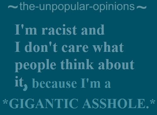 [Image description: light teal text on a dark teal background, reads (“I’m racist and I 