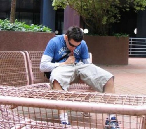 showingoffinpublic: Caught in public while self-sucking his big tool - HOT! On more shot of him HERE