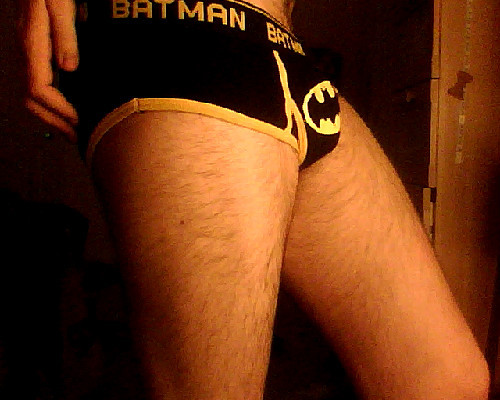 XXX Super hero undies and hairy legs. I’ll photo