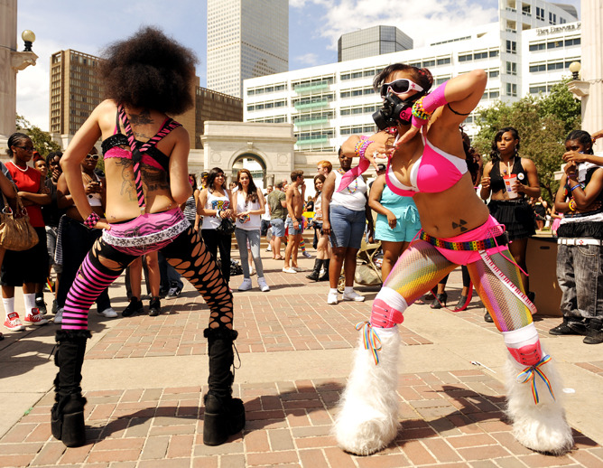 Dancers Tanisha Broderick, left, and April Bell, right, entertained the crowd Saturday. Thousands gathered at downtown Denver’s Civic Center Park for PrideFest 2011 on Saturday, June 18, 2011. The event continues on Sunday from 10 a.m. until 6 p.m.,...