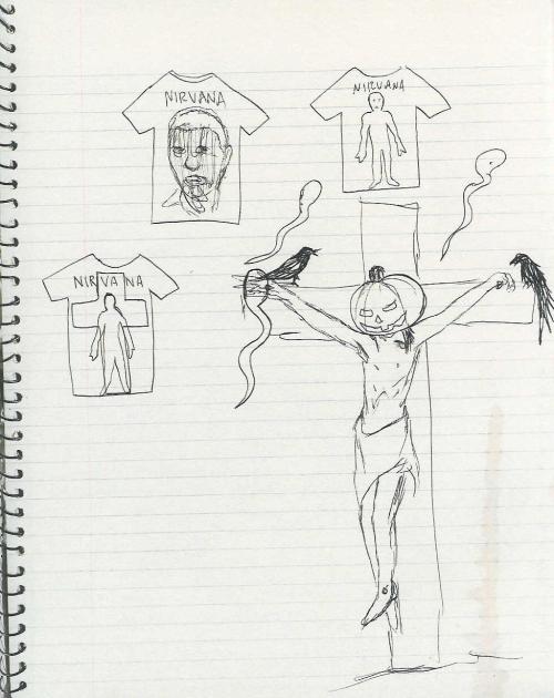 nirvananews:  “Pumpkin-head on cross with crows and sperm + early T-Shirt ideas.” From Kurt’s Journa