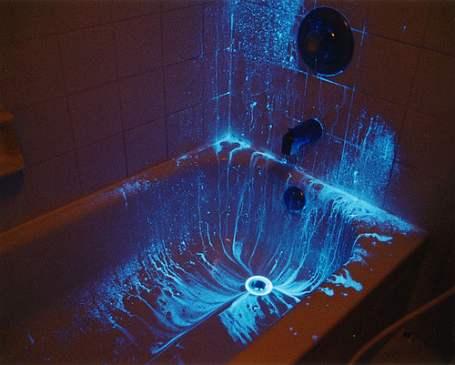 fuckyeahforensics:  Luminol is used by forensic investigators to detect trace amounts of blood left at crime scenes as it reacts with iron found in hemoglobin. It is used by biologists in cellular assays for the detection of copper, iron, and cyanides,