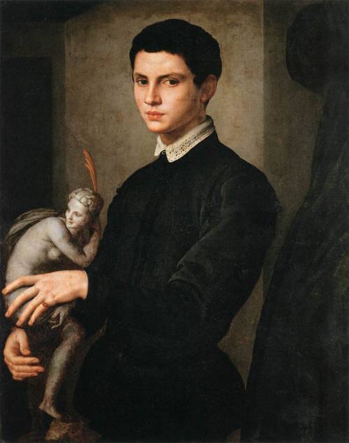 artmagnifique:  BRONZINO. Portrait of a Man Holding a Statuette, 1545-1555, oil on wood. Mannerism. 