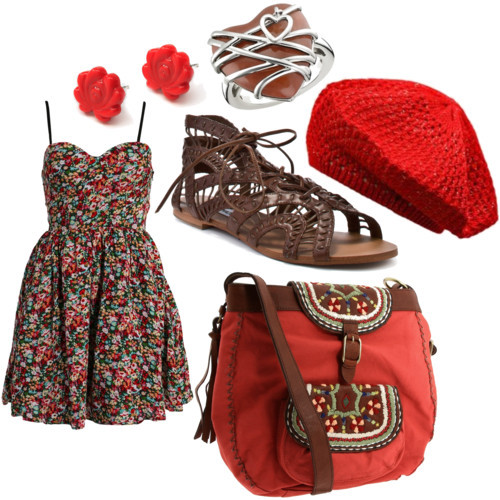 goyourownway3x:  Nice Day Out! by nothinglike-yourownway3x featuring heart shaped ringsOrange dressSteve Madden ankle strap sandals, ๪Embroidered bag, 赉Heart shaped ring, ๑Lokalwear bullet earrings, €8Red knit hat, พ 