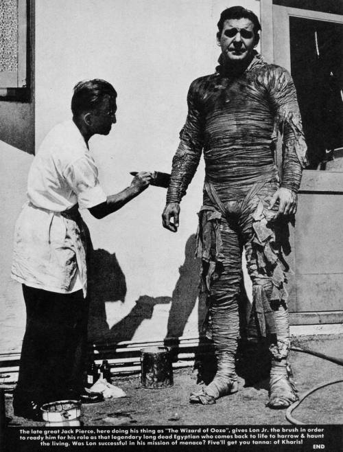 Lon doesn’t look very amused, as Jack Pierce applies his Kharis, the Mummy make-up