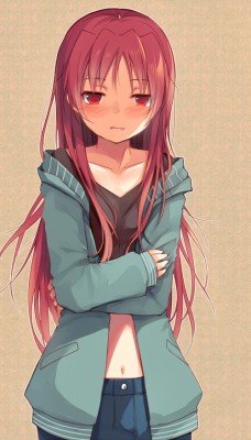 tsundere:   alternate_hairstyle blush clavicle crossed_arms fang hair_down hooded_jacket jing_hu long_hair mahou_shoujo_madoka_magica navel red_eyes red_hair sakura_kyouko simple_background 