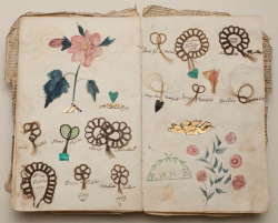 summerturban:  Friendship album, Margaret Williams, 1839, Album with locks of hair sewn onto the pages in loops of stylized flowers with colored drawings of flowers 