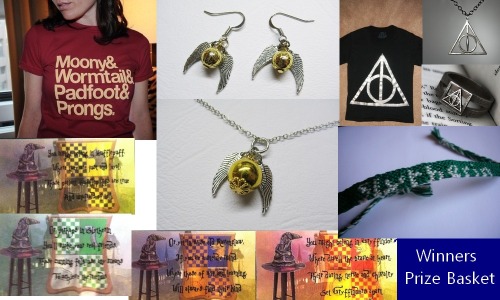 harrypotterhouses:  HARRY POTTER GIVEAWAY! I reached 5,000 followers a few weeks ago so I decided to do something in celebration. The picture above shows the Winner’s Prize Basket supplied by Etsy & Tumblr members: Marauders T-shirt (men and women