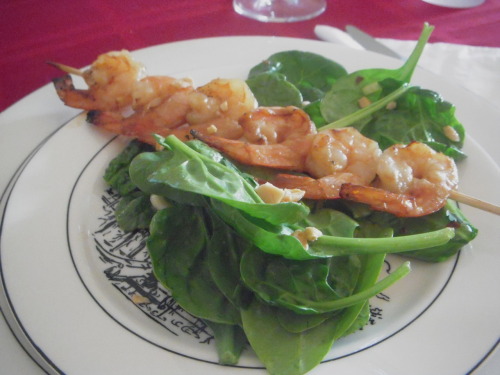 “ Soy-sauce Grilled Shrimp with Spinach Salad
”
My mom, as always, decided to invite people over for dinner and tell me the day of. I had less than 7 hours before people were coming, and no dinner menu planned (let alone groceries in the house!)...